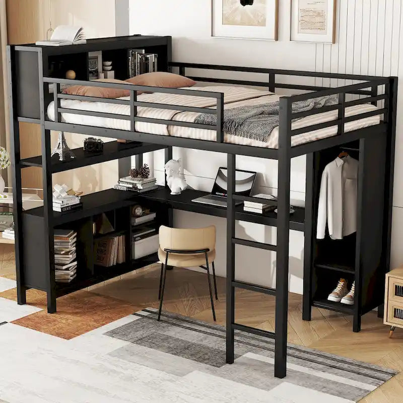 Letto a soppalco in metallo all-in-one con scrivania a L e armadio, struttura letto da camera con cubi portaoggetti, ripiani, spondine a tutta lunghezza