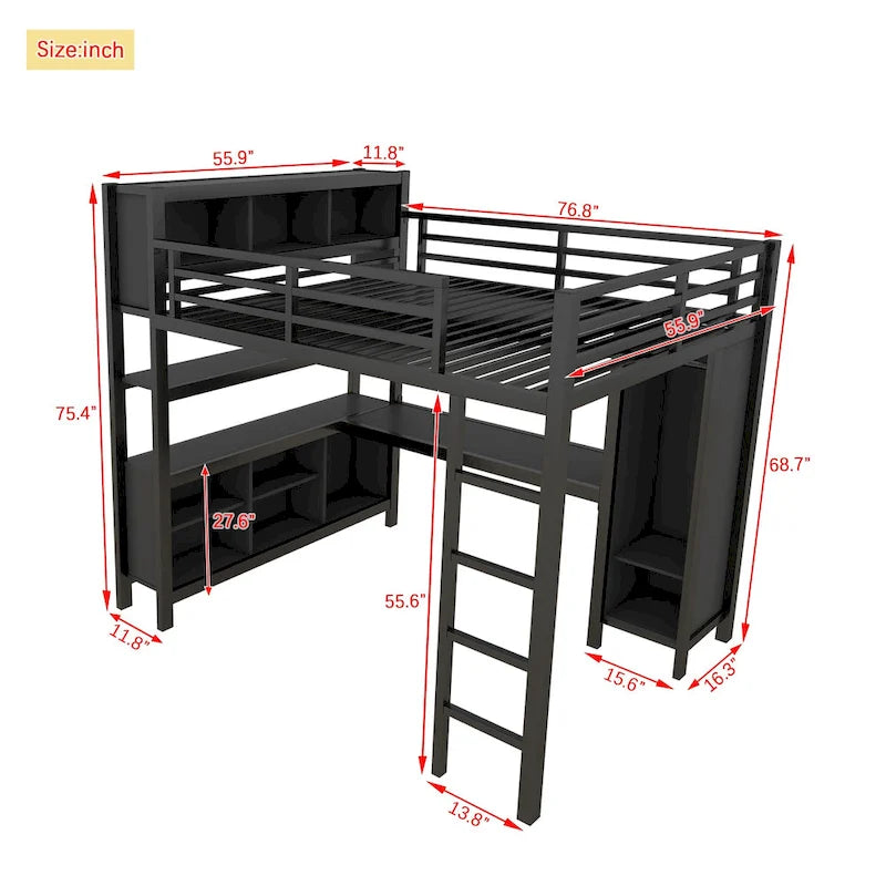 Letto a soppalco in metallo all-in-one con scrivania a L e armadio, struttura letto da camera con cubi portaoggetti, ripiani, spondine a tutta lunghezza