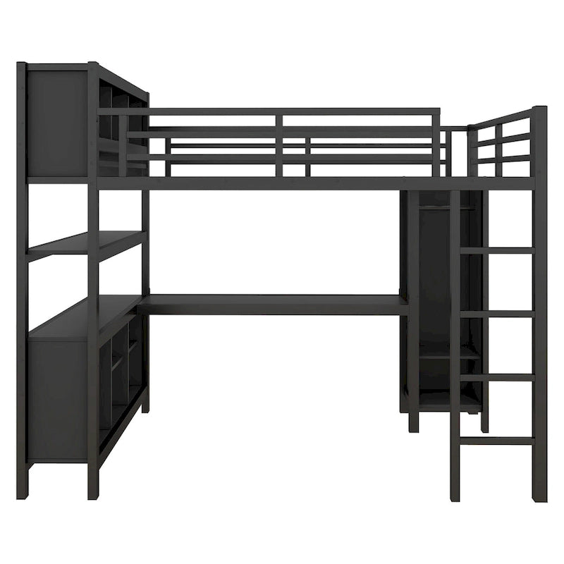 Letto a soppalco in metallo all-in-one con scrivania a L e armadio, struttura letto da camera con cubi portaoggetti, ripiani, spondine a tutta lunghezza