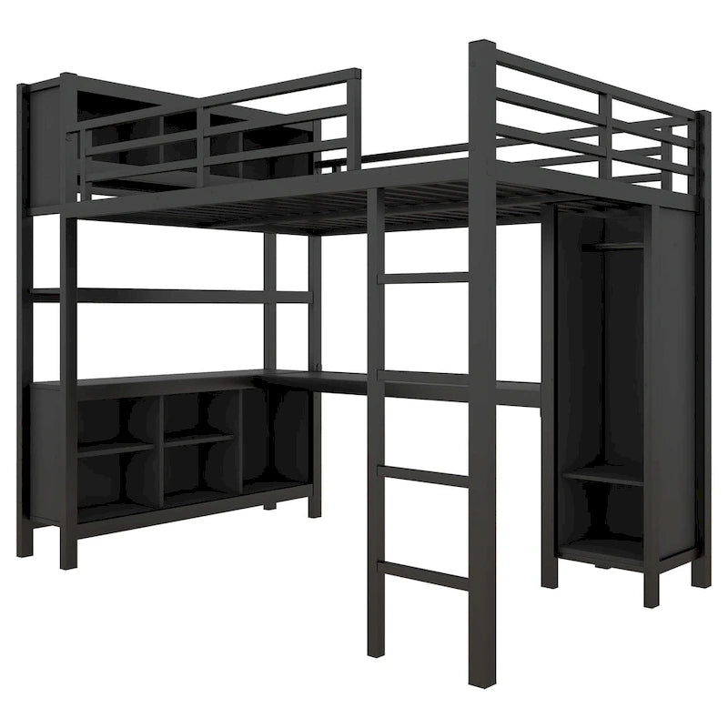 Letto a soppalco in metallo all-in-one con scrivania a L e armadio, struttura letto da camera con cubi portaoggetti, ripiani, spondine a tutta lunghezza