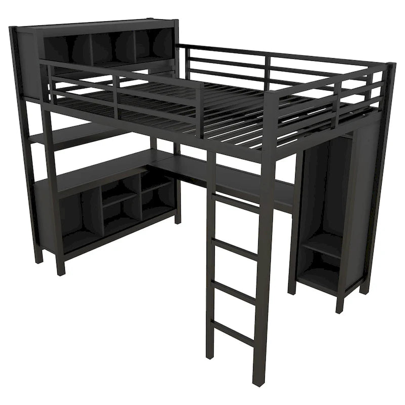 Letto a soppalco in metallo all-in-one con scrivania a L e armadio, struttura letto da camera con cubi portaoggetti, ripiani, spondine a tutta lunghezza