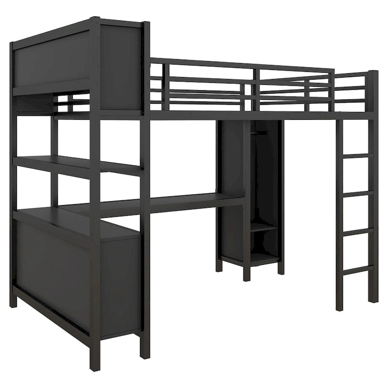 Letto a soppalco in metallo all-in-one con scrivania a L e armadio, struttura letto da camera con cubi portaoggetti, ripiani, spondine a tutta lunghezza