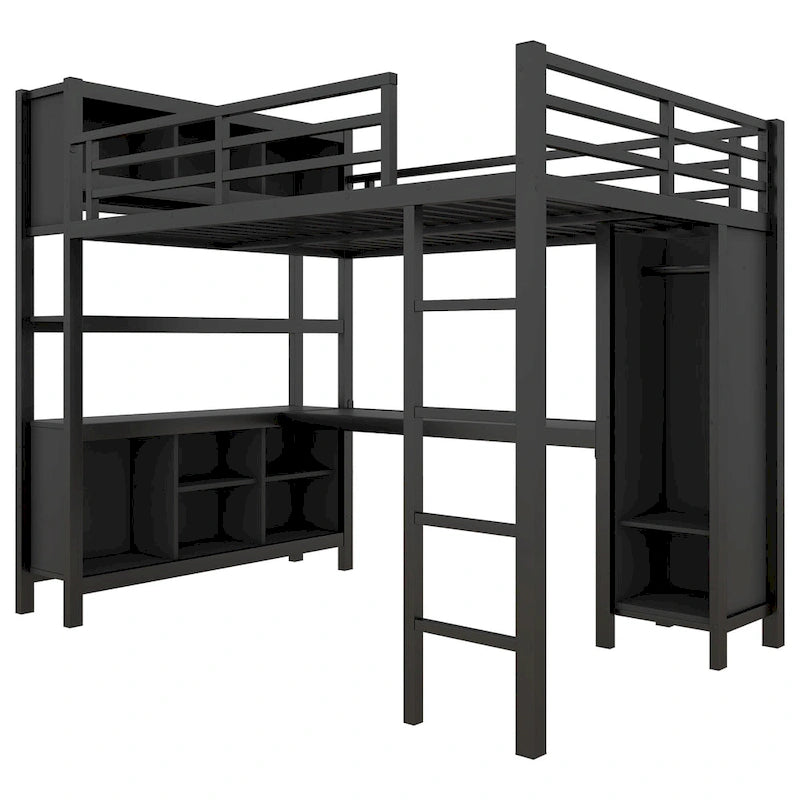 Letto a soppalco in metallo all-in-one con scrivania a L e armadio, struttura letto da camera con cubi portaoggetti, ripiani, spondine a tutta lunghezza