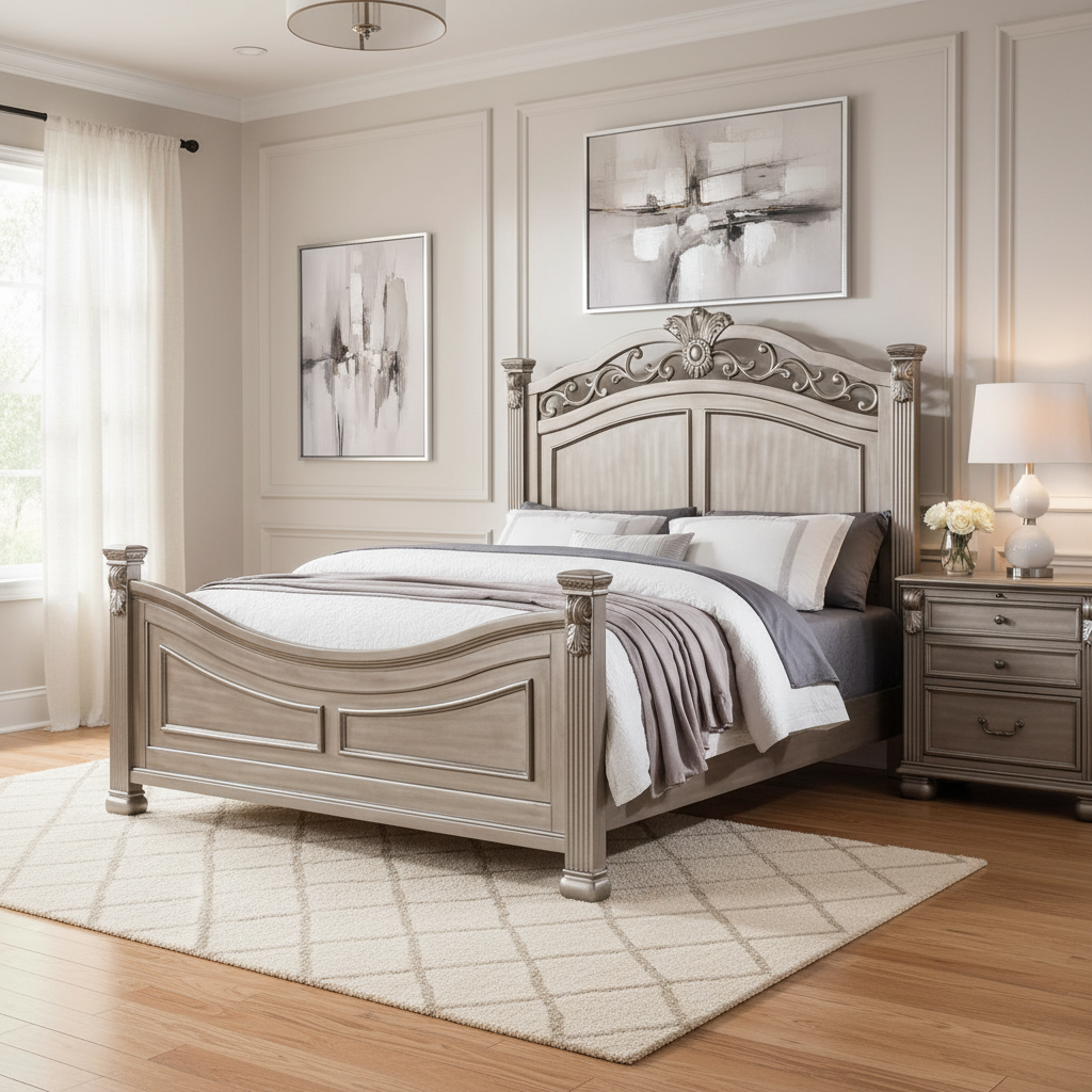 Antique Silver California King Bed with Carved Details