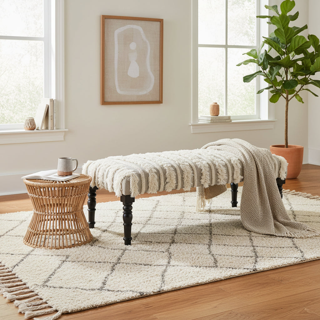 Cream Striped Upholstered Bench with Black Legs - 47"W