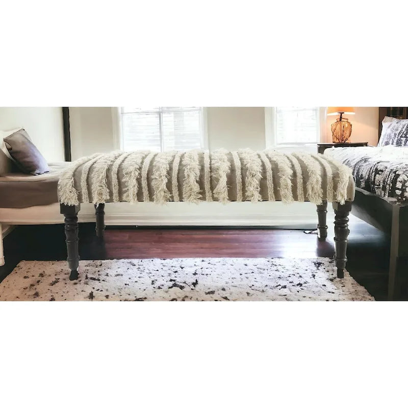 Panca imbottita a righe crema con gambe nere - 119 cm L