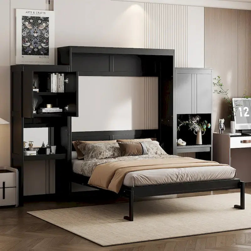 Letto a scomparsa Queen Size con scrivania, toeletta e armadietti, Espresso