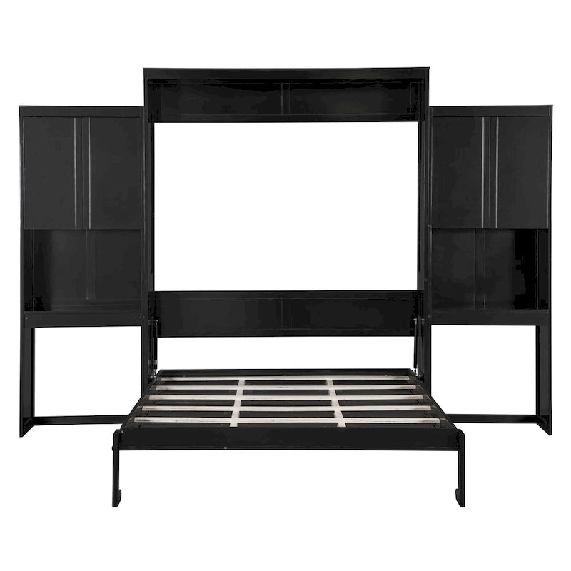 Letto a scomparsa Queen Size con scrivania, toeletta e armadietti, Espresso