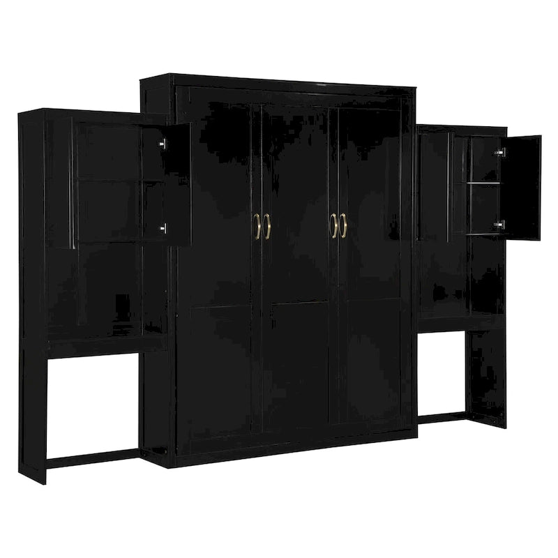 Letto a scomparsa Queen Size con scrivania, toeletta e armadietti, Espresso