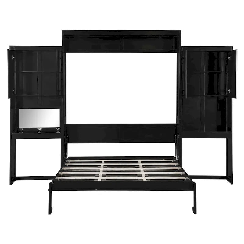 Letto a scomparsa Queen Size con scrivania, toeletta e armadietti, Espresso