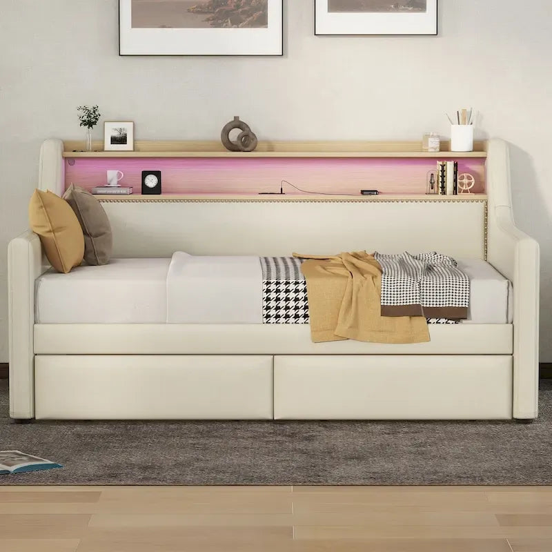 Letto a giorno matrimoniale imbottito beige/bianco con contenitore e LED