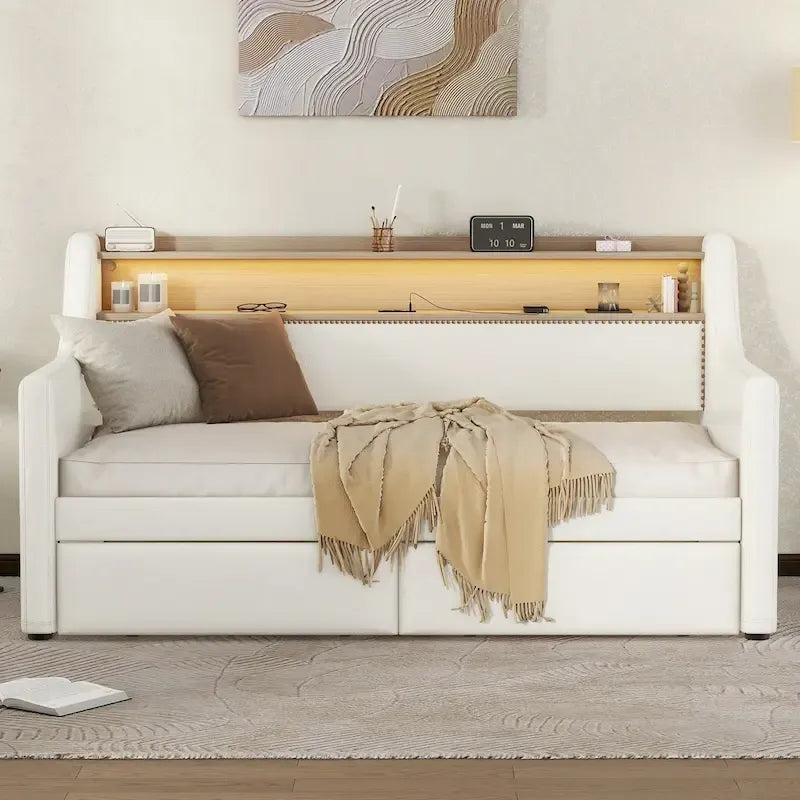 Beige/White Twin Upholstered Daybed with Storage and LED