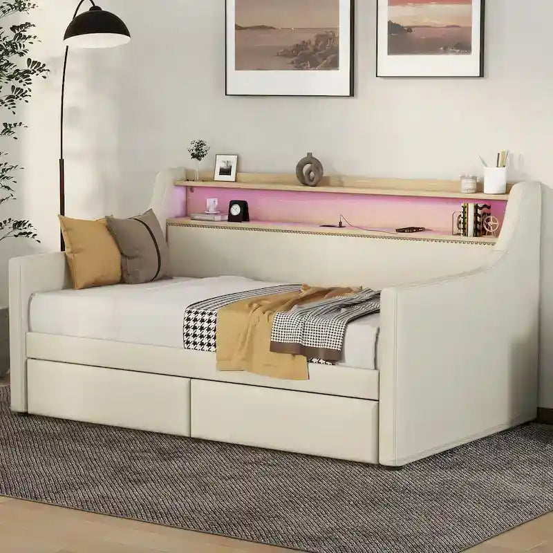 Beige/White Twin Upholstered Daybed with Storage and LED