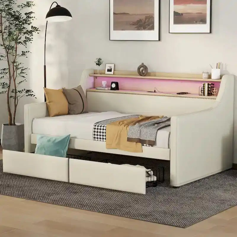 Beige/White Twin Upholstered Daybed with Storage and LED