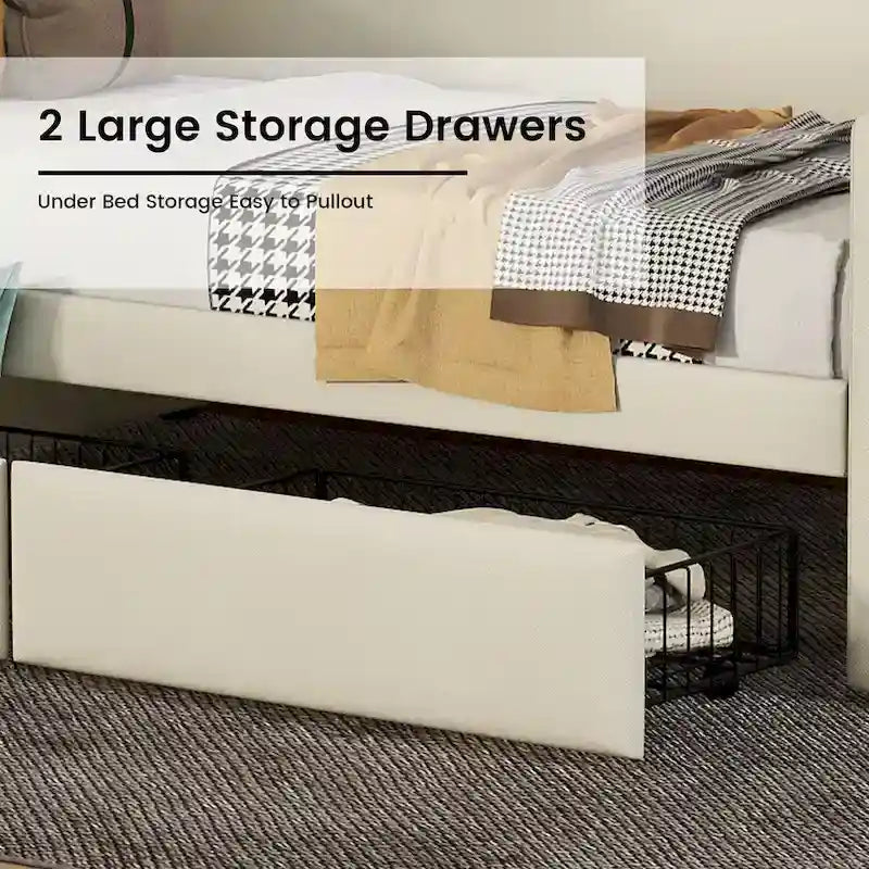 Letto a giorno matrimoniale imbottito beige/bianco con contenitore e LED