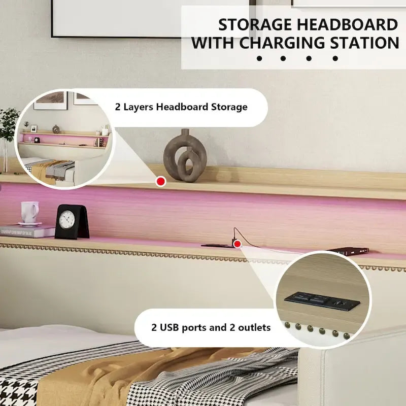 Letto a giorno matrimoniale imbottito beige/bianco con contenitore e LED
