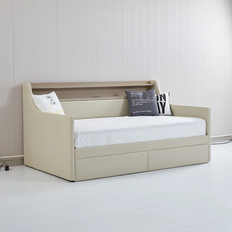 Letto a giorno matrimoniale imbottito beige/bianco con contenitore e LED