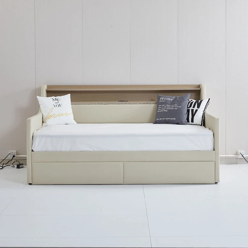 Letto a giorno matrimoniale imbottito beige/bianco con contenitore e LED