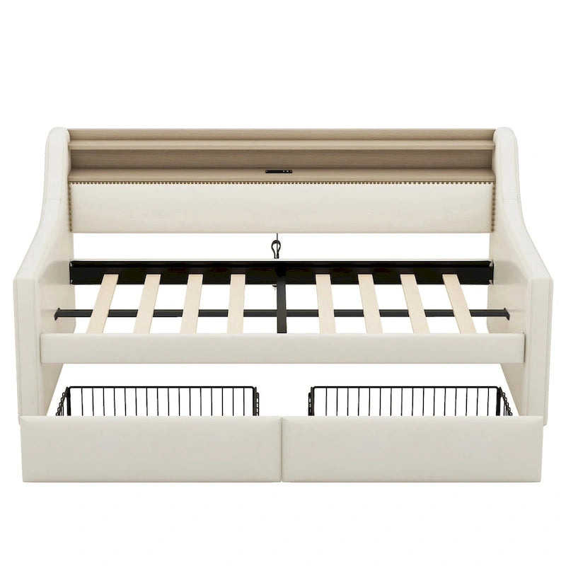 Letto a giorno matrimoniale imbottito beige/bianco con contenitore e LED