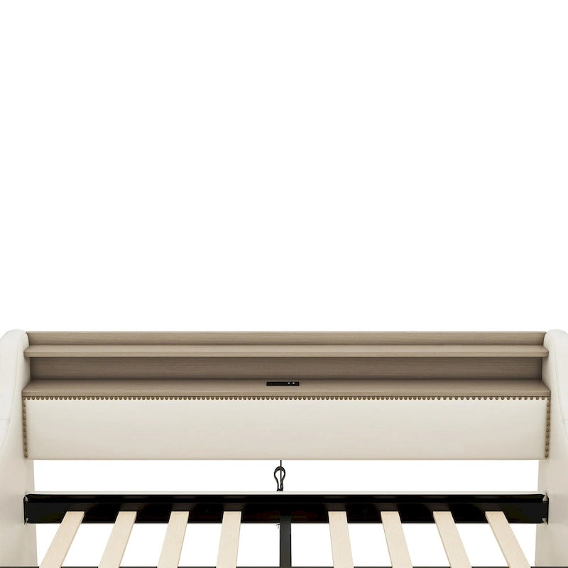 Letto a giorno matrimoniale imbottito beige/bianco con contenitore e LED