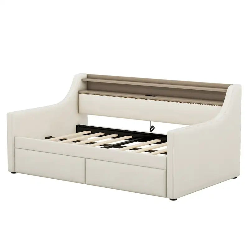 Letto a giorno matrimoniale imbottito beige/bianco con contenitore e LED