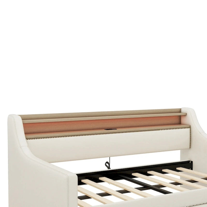 Letto a giorno matrimoniale imbottito beige/bianco con contenitore e LED