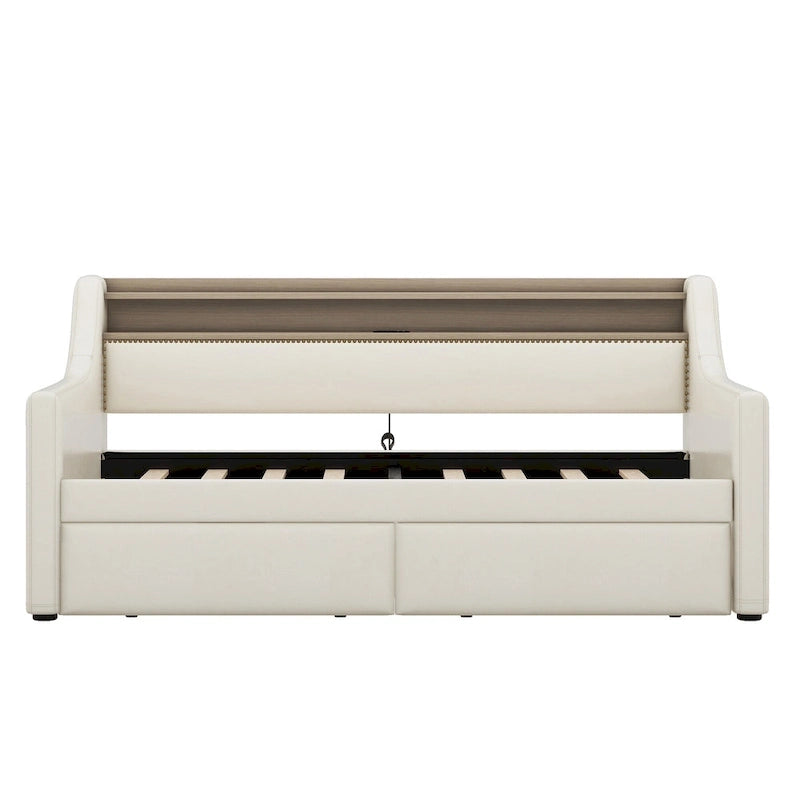 Letto a giorno matrimoniale imbottito beige/bianco con contenitore e LED