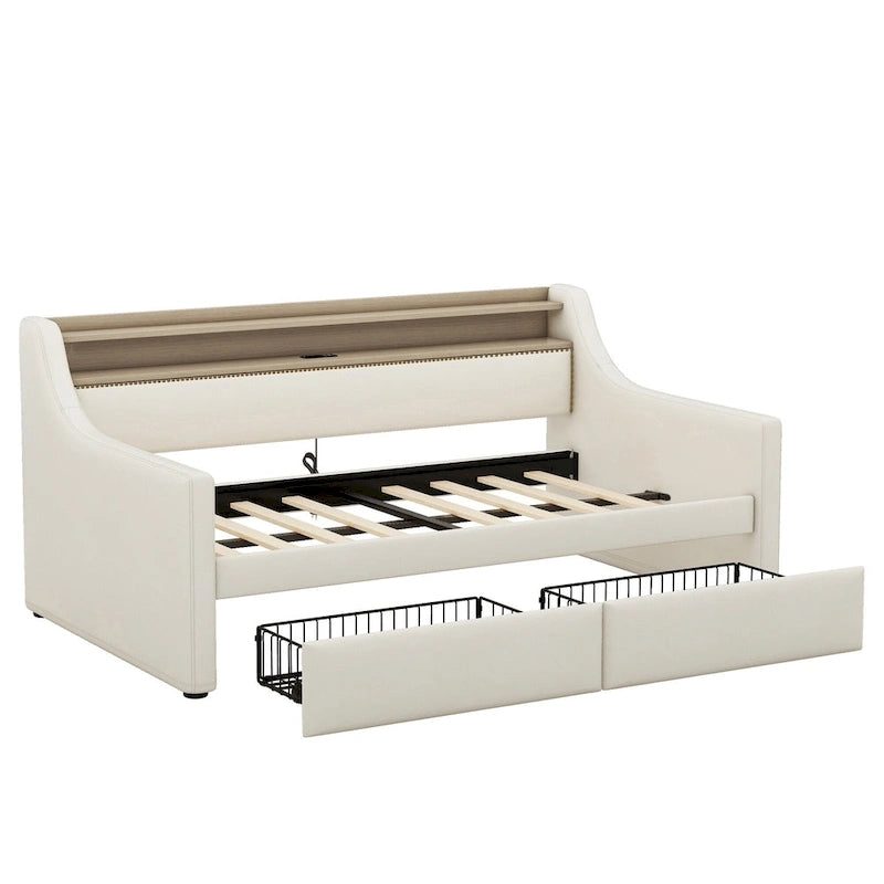 Letto a giorno matrimoniale imbottito beige/bianco con contenitore e LED