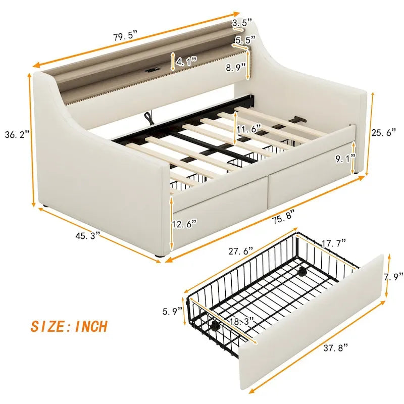 Letto a giorno matrimoniale imbottito beige/bianco con contenitore e LED