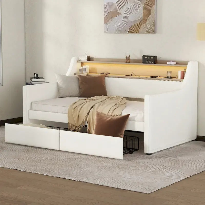 Letto a giorno matrimoniale imbottito beige/bianco con contenitore e LED