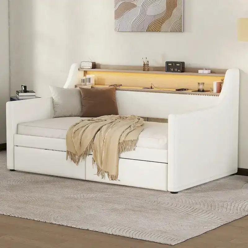 Letto a giorno matrimoniale imbottito beige/bianco con contenitore e LED