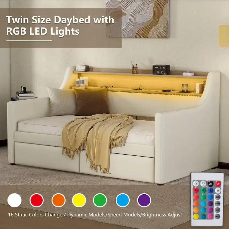 Letto a giorno matrimoniale imbottito beige/bianco con contenitore e LED