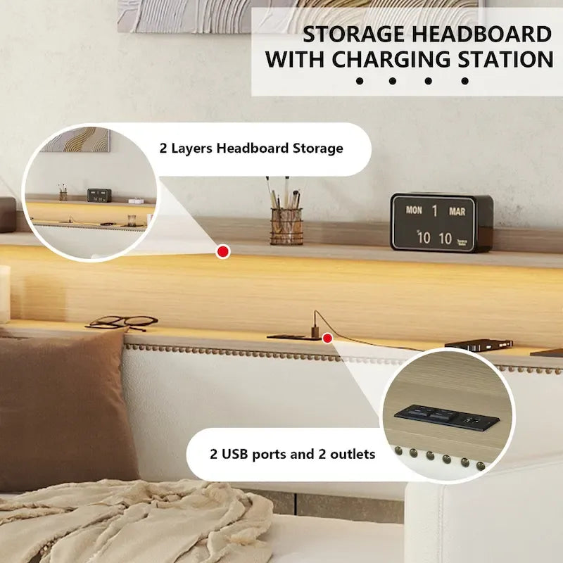 Letto a giorno matrimoniale imbottito beige/bianco con contenitore e LED