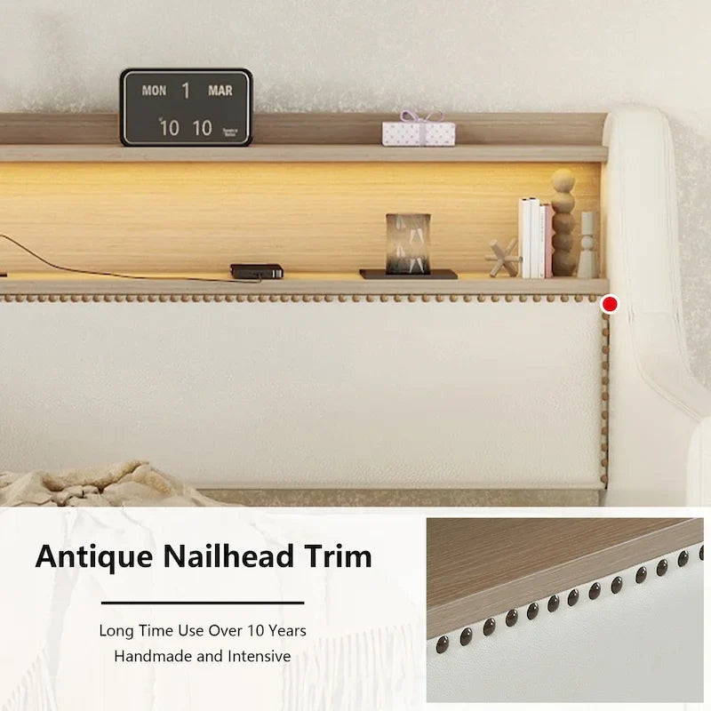 Letto a giorno matrimoniale imbottito beige/bianco con contenitore e LED