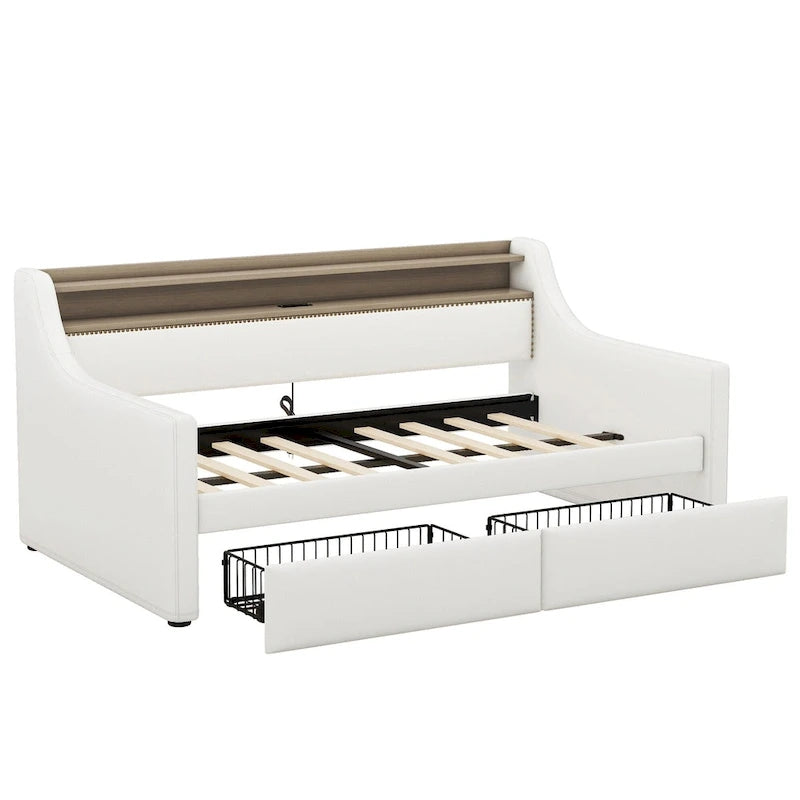 Letto a giorno matrimoniale imbottito beige/bianco con contenitore e LED