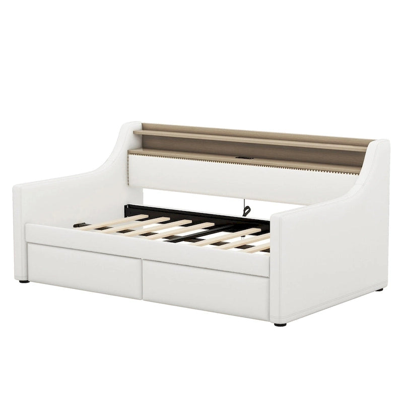 Letto a giorno matrimoniale imbottito beige/bianco con contenitore e LED