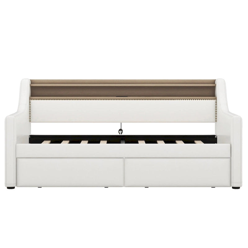 Letto a giorno matrimoniale imbottito beige/bianco con contenitore e LED