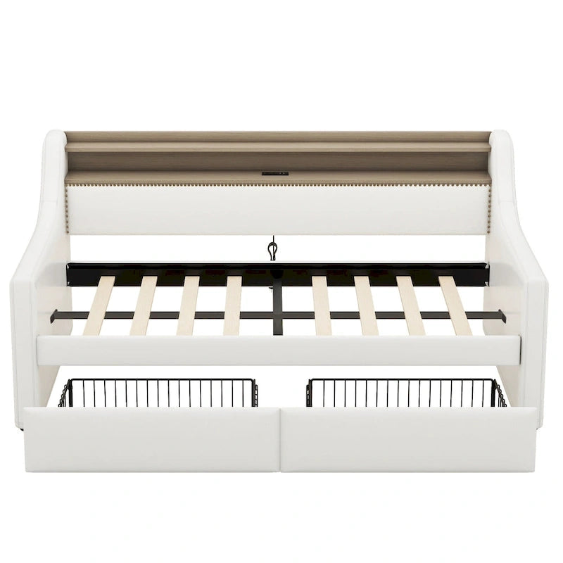 Letto a giorno matrimoniale imbottito beige/bianco con contenitore e LED