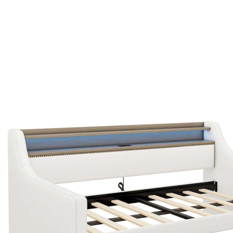 Letto a giorno matrimoniale imbottito beige/bianco con contenitore e LED