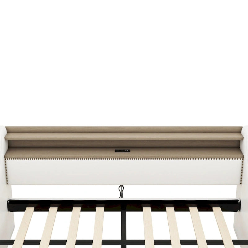 Letto a giorno matrimoniale imbottito beige/bianco con contenitore e LED