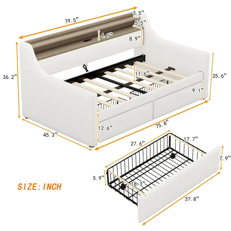 Letto a giorno matrimoniale imbottito beige/bianco con contenitore e LED