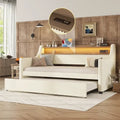 White/Beige Twin Upholstered Daybed with Trundle and LED