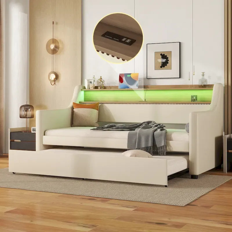 White/Beige Twin Upholstered Daybed with Trundle and LED