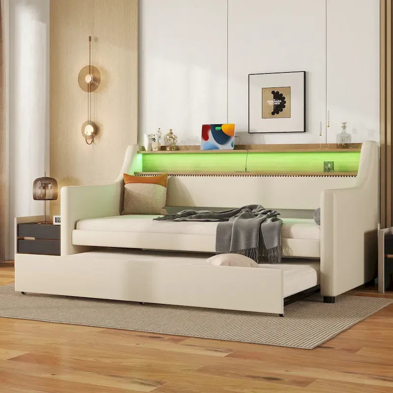 White/Beige Twin Upholstered Daybed with Trundle and LED