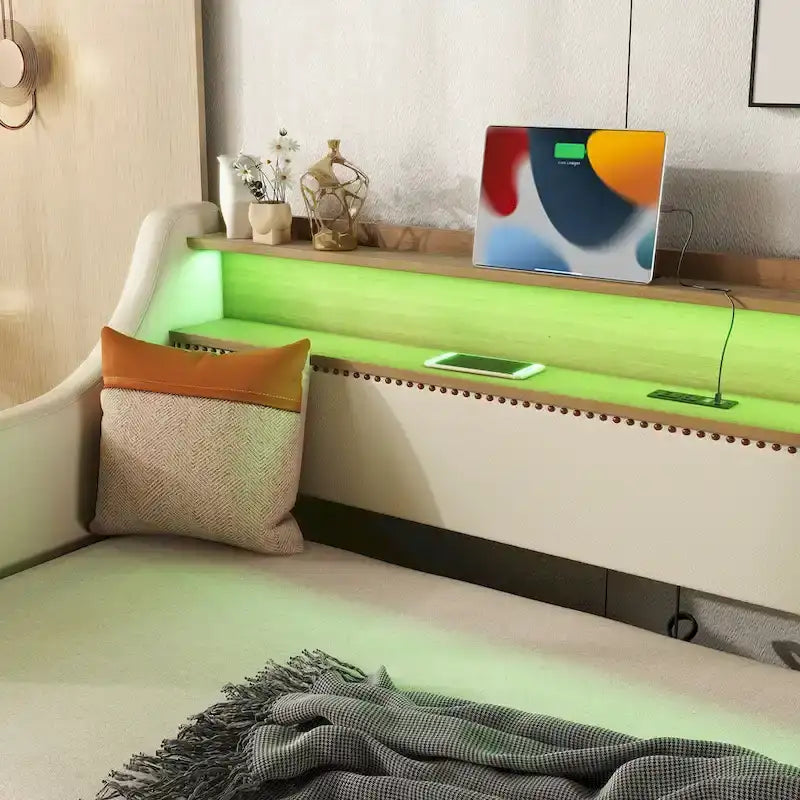 White/Beige Twin Upholstered Daybed with Trundle and LED