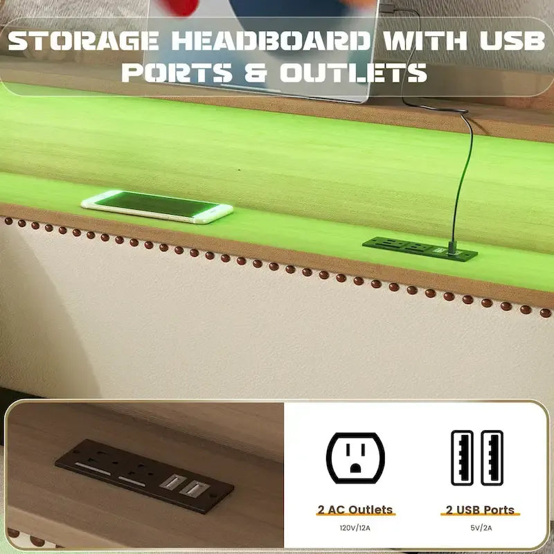 White/Beige Twin Upholstered Daybed with Trundle and LED