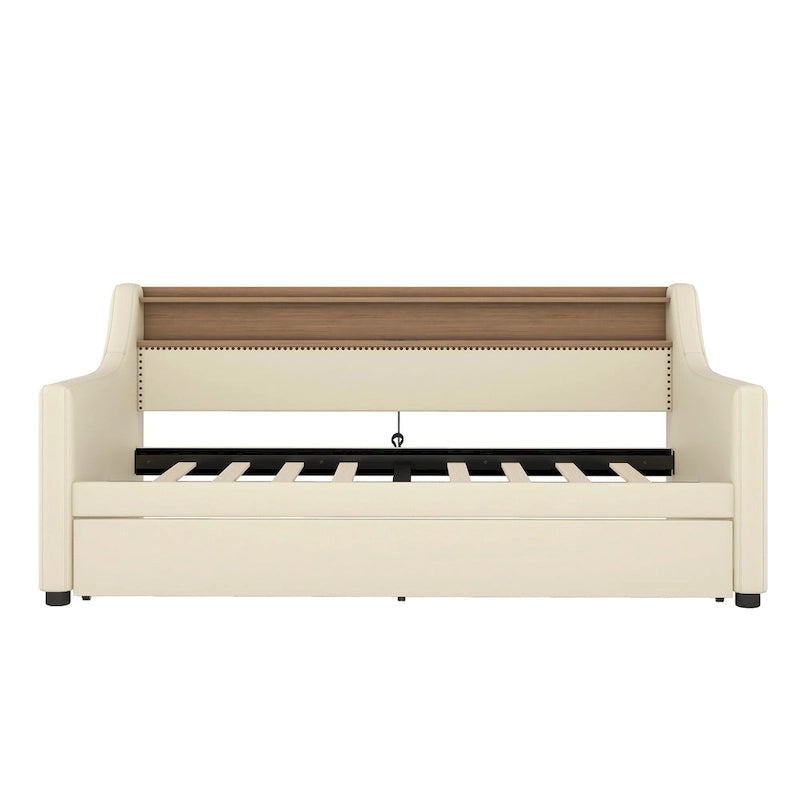 White/Beige Twin Upholstered Daybed with Trundle and LED