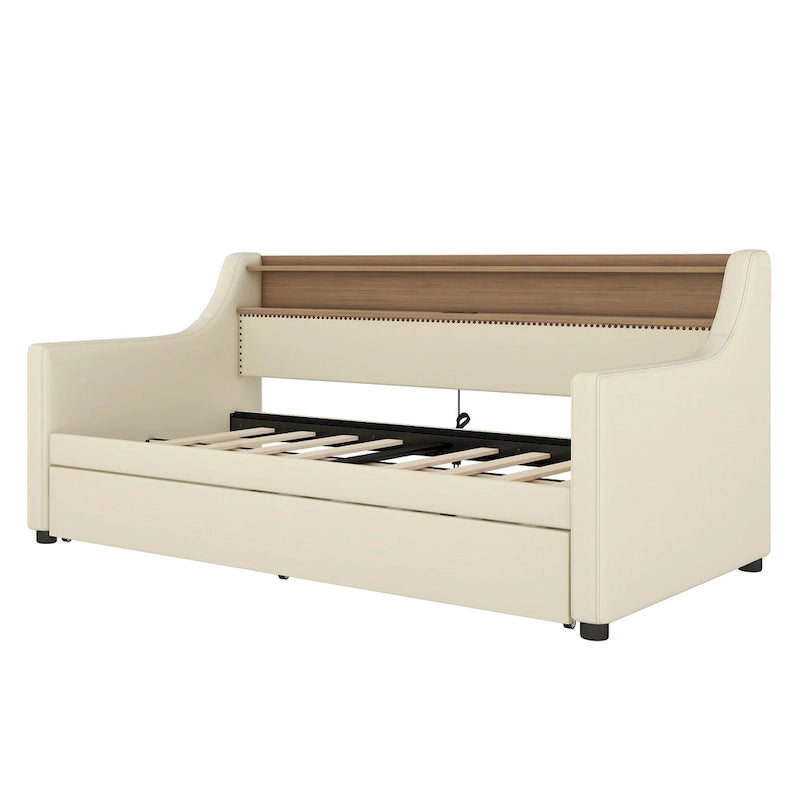 White/Beige Twin Upholstered Daybed with Trundle and LED
