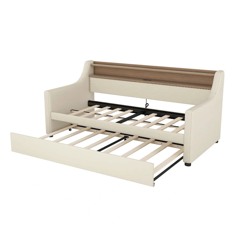 White/Beige Twin Upholstered Daybed with Trundle and LED