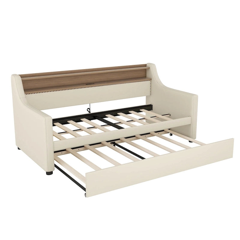 White/Beige Twin Upholstered Daybed with Trundle and LED